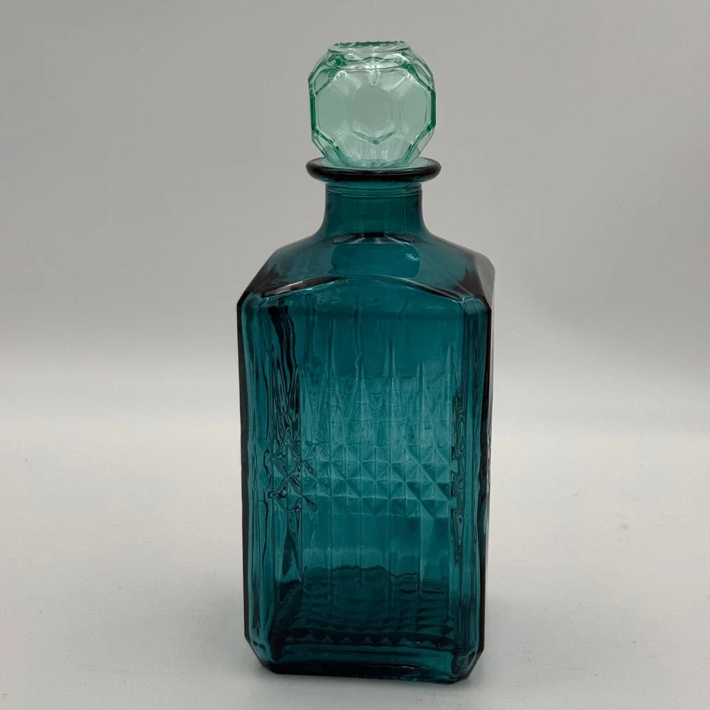 Teal Blue Glass Decanter Diamond Quilt Pattern Rectangular Bottle Green Stopper